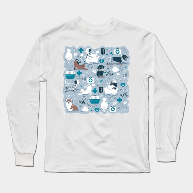 Veterinary medicine, happy and healthy friends // pastel blue background turquoise details navy blue white and brown cats dogs and other animals Long Sleeve T-Shirt by SelmaCardoso